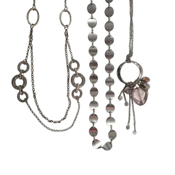 Shiny Necklace Bundle Silver Tone Circles & Ovals 5 1/2 Pieces Choker to Rope - Picture 7 of 12